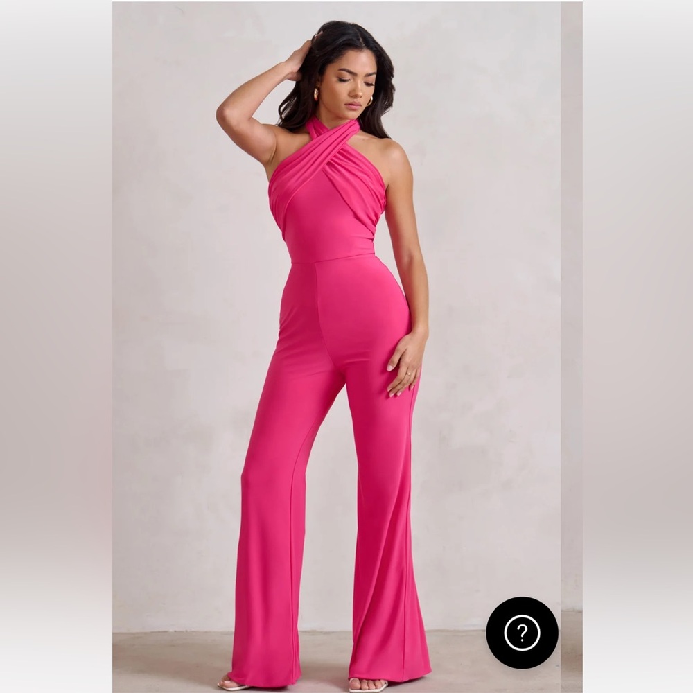 HOT PINK HALTER NECK FLARE JUMPSUIT